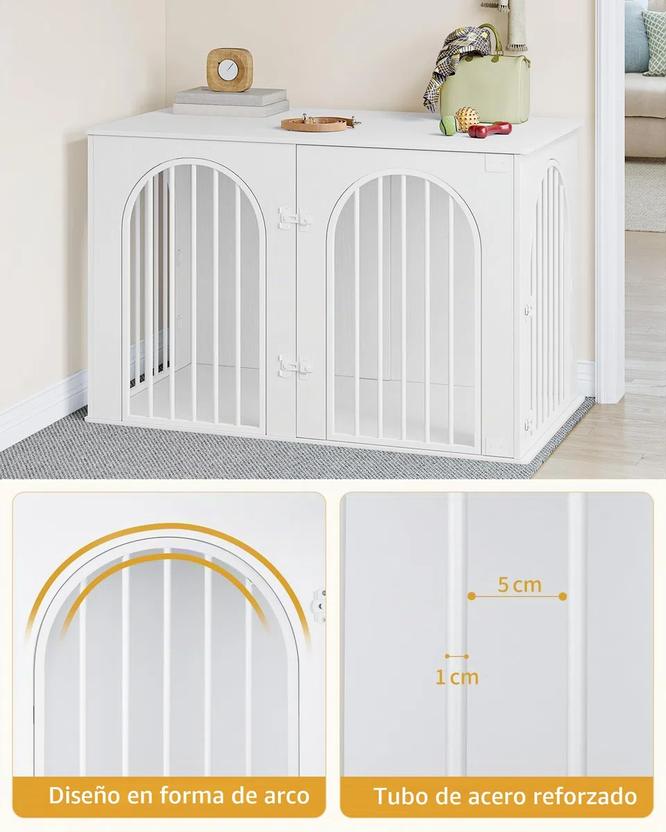 Hzuaneri 108 cm Jaula para Perros, Mesa Auxiliar, Casa Moderna para Perros, Jaula Perro Grande para Casa de Madera, Dúplex para Animales, 3 Puertas, Puerta Arqueada, 64 x 108 x 76 cm, Blanco