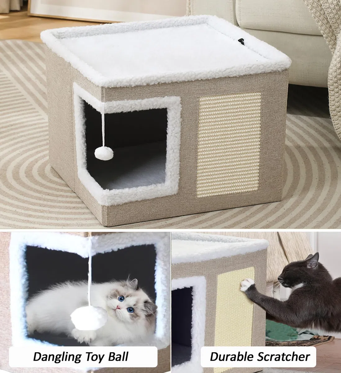 ERNAN Casa para Gatos Interior Plegable con Rascador, Cama para Diversos Estilos de Decoración del Hogar, para Pequeños Animales Interiores (Beige)