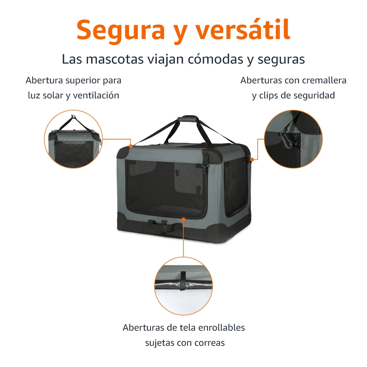 Amazon Basics Transportín portátil plegable de 4 puertas para perros y gatos, Gris, M 76 cm x 54 cm x 54 cm