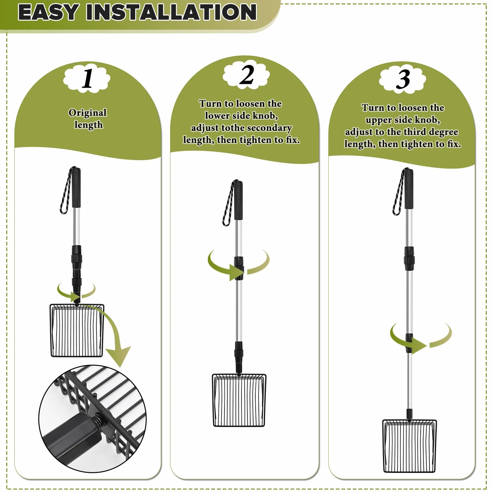 BINYI Cuchara de Arena para Gatos de Acero Inoxidable Pala para Excrementos de Gallina Pala de Arena Pala de Malla Litter Scoops Accesorios para Gallinero y Arena de Gato Negro