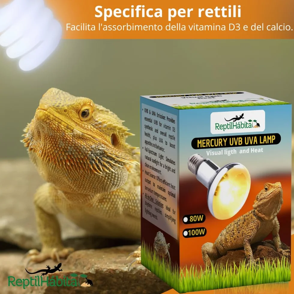 Bombilla UVB UVA con Calor para Reptiles 80W, 100W, 125W y 160W – Lámpara Vapor de Mercurio Todo en Uno para Terrarios – Luz Solar Artificial con Protección Térmica (125W)