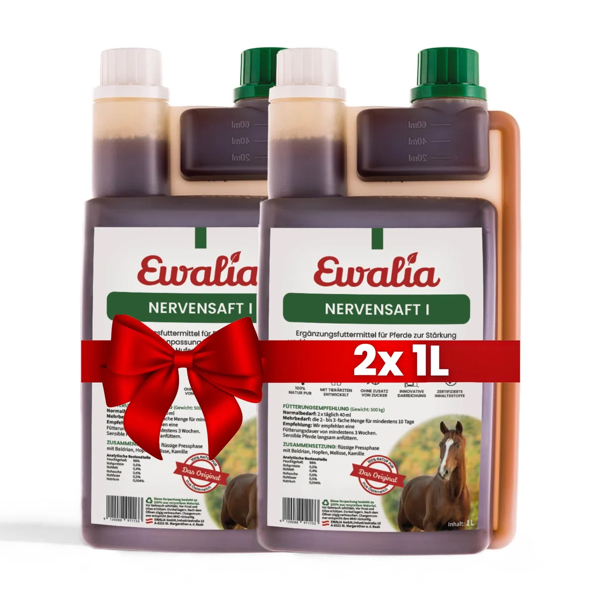 EWALIA Jugo nervioso I – Apoyo calmante para caballos en situaciones estresantes – Ayuda natural en visitas al veterinario, entrenamiento y más, desarrollado con veterinarios, 100% natural puro, 2 x 1