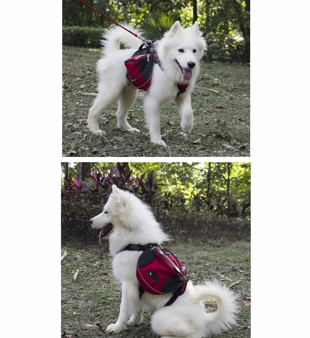 Arnés Chaleco Mochila para Perro Mediano y Grande, Bolsa Sillín Portador Impermeable para Senderismo Viaje Paseo, Alforja Ajustable con Tira Reflectante para Mascota (Rojo, M (Perro 18kg - 28kg)