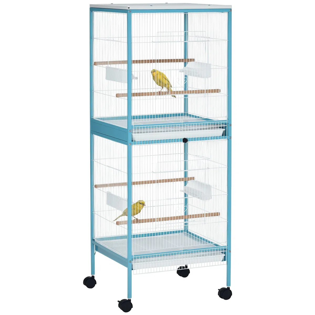 PawHut Jaula para Pájaros con Ruedas Jaula Grande de 2 Niveles Pajarera con Bandejas Extraíbles Puertas Comederos Perchas para Canarios Periquitos 51,5x50x140 cm Azul