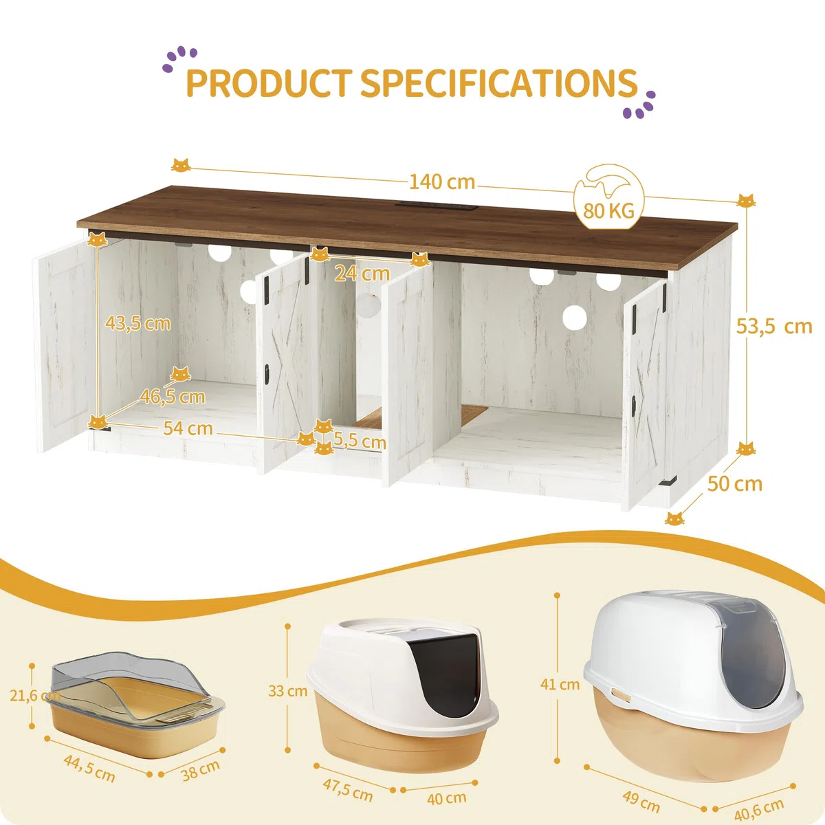 Hzuaneri Armario para Gatos, Mueble Arenero Gato con Puertos USB y Tomas de Corriente, Mueble Arenero Oculto de 140cm para 2 Gatos, Casa para Gato de Interior, Marrón Rústico y Blanco CB82514X