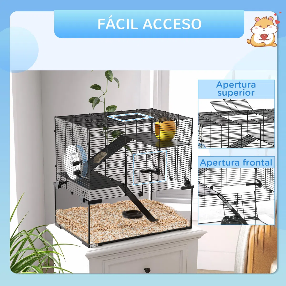 PawHut Jaula para Hámster Casa para Animales Pequeños con Fondo de Vidrio Plataformas Cuenco Bebedero Casita Rampas y Rueda de Ejercicio 60x40x54,5 cm Negro