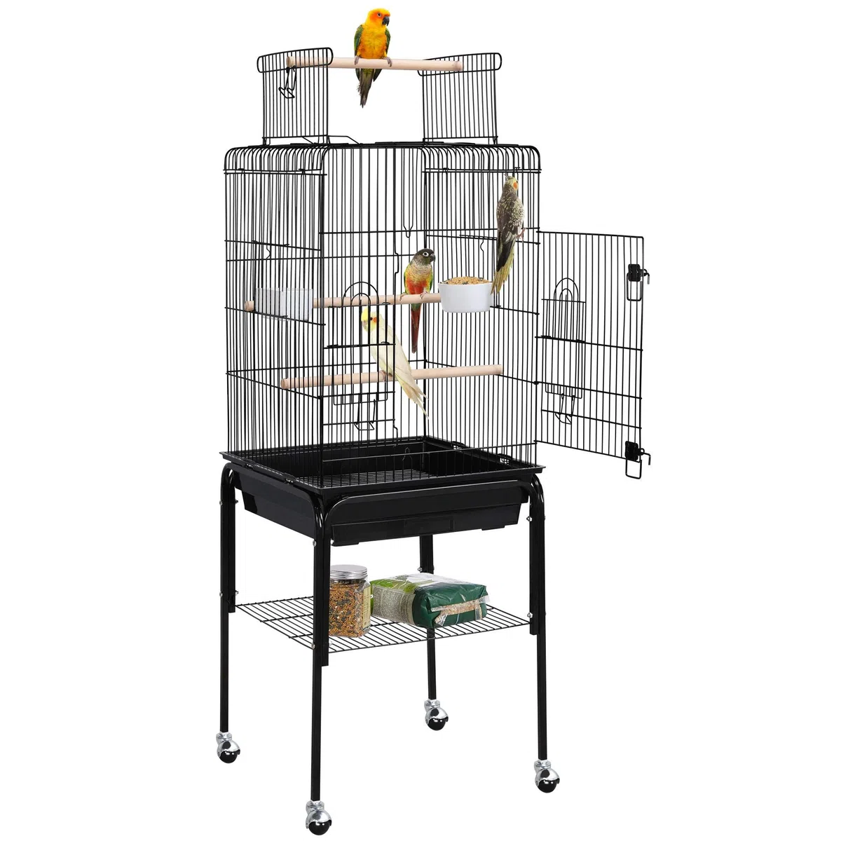 Yaheetech Jaula para Pájaros con Soporte Ruedas con Techo Abierto Jaula Agapornis Negro 46,5 x 46,5 x 136 cm