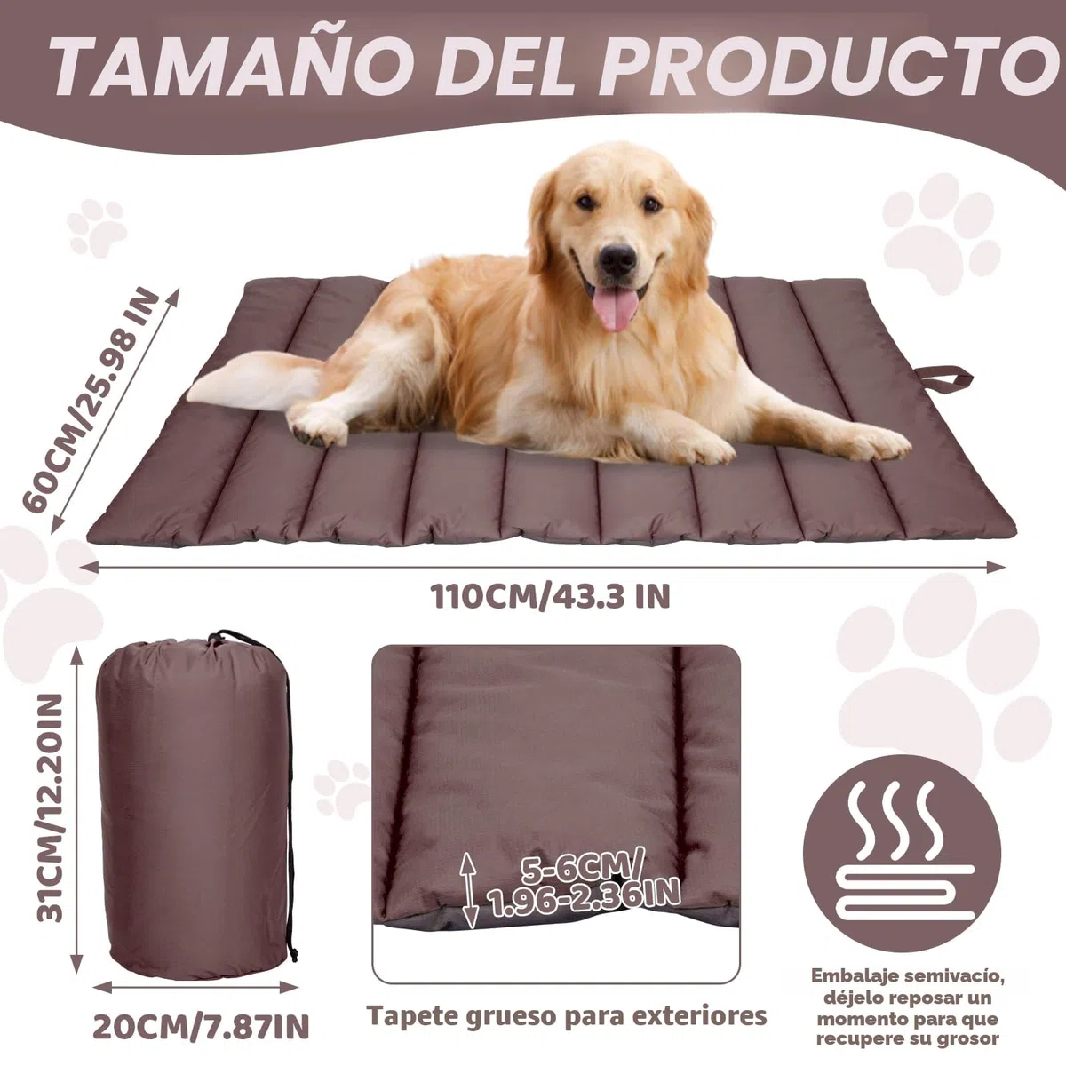 XIAPIA Cama Grande Perro, Impermeable Interior y Exterior, Colchón Manta para Perros, Portátil y Plegable Alfombrilla, Lavable, 110x66cm