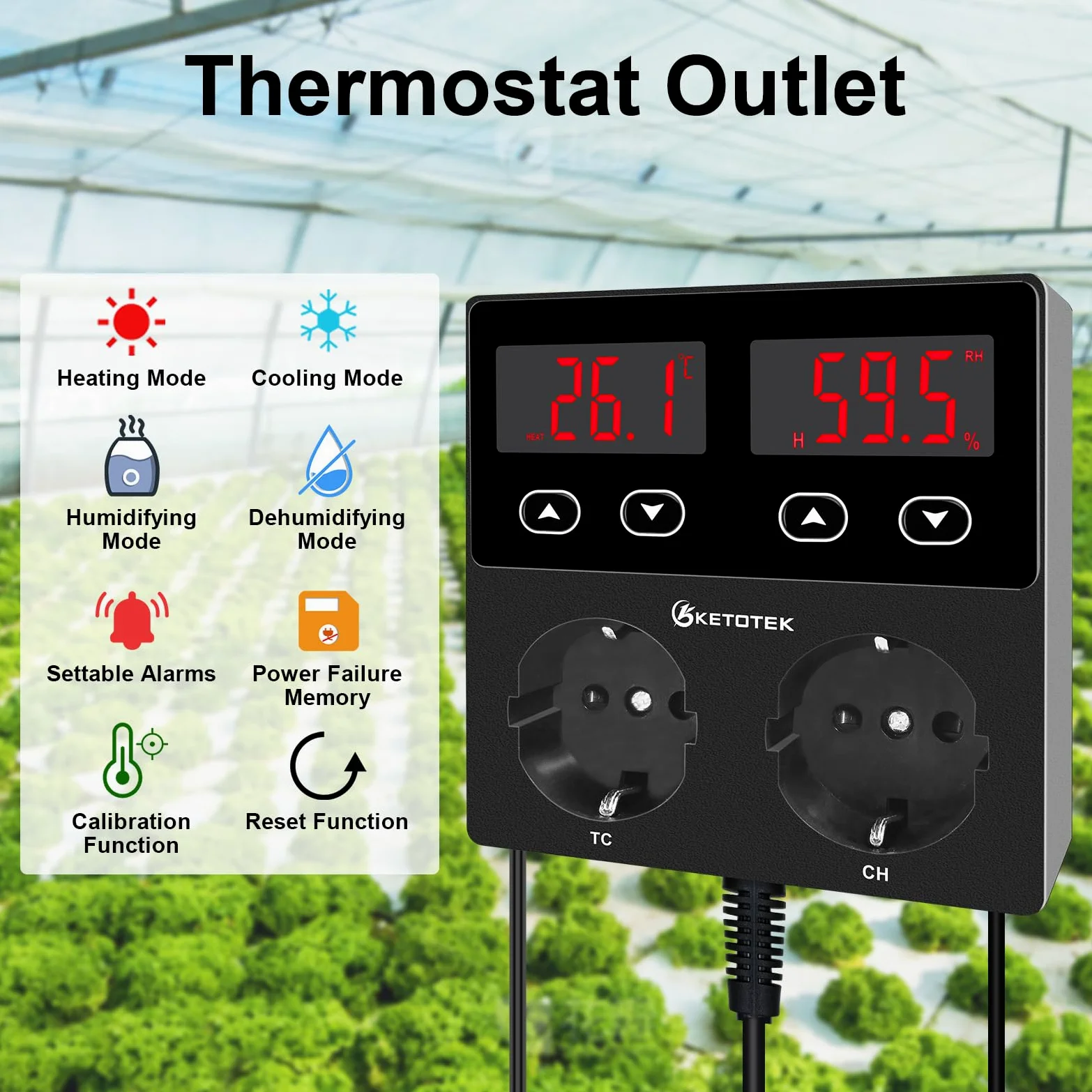 KETOTEK Enchufe con Higrostato Termostato con Sonda, Controlador de Humedad y Temperatura Regulador Digital 220V con Alarma para Terrario Reptil Invernadero Incubadora Humidificador Deshumidificador