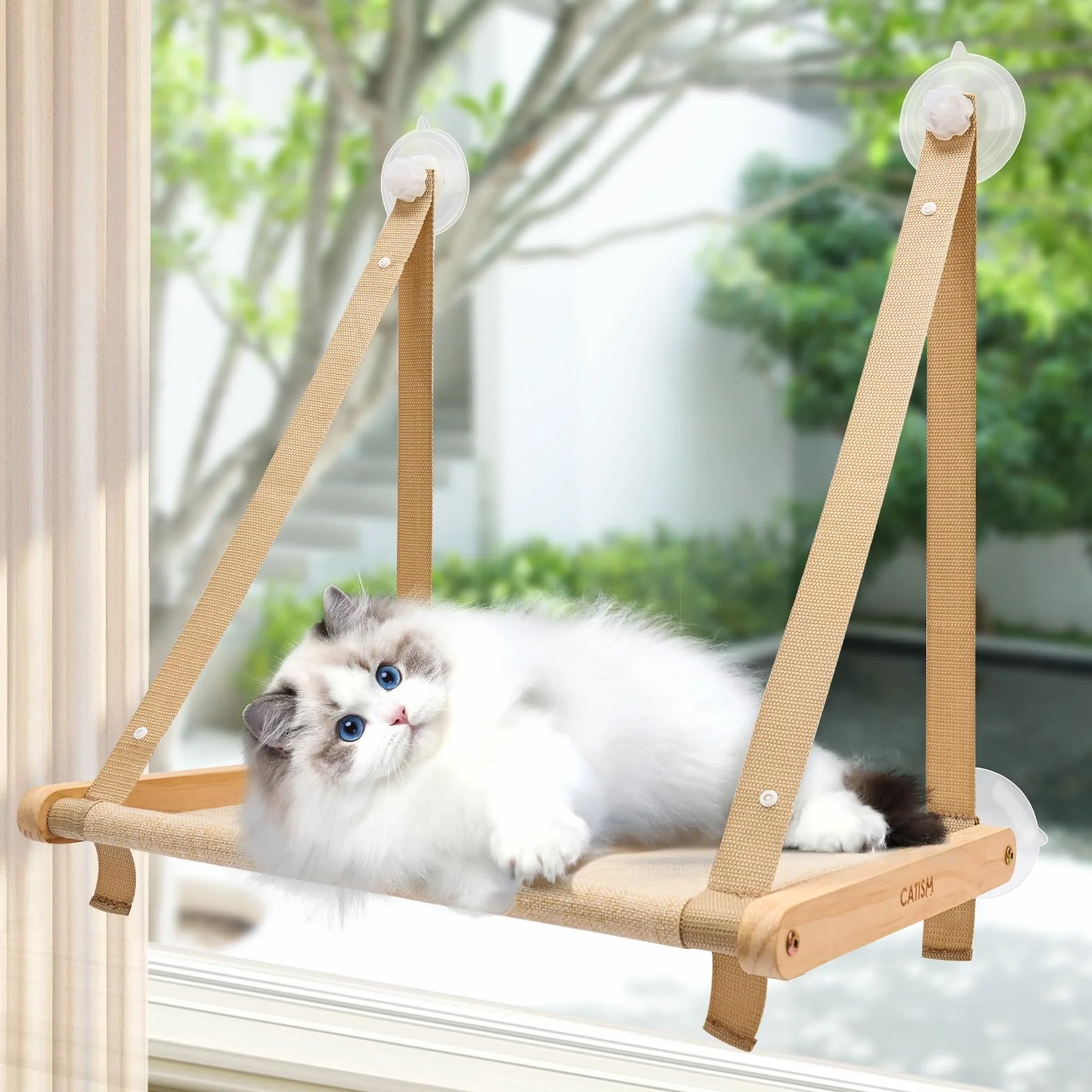 CATISM Plegable Hamaca Gato Ventana de hasta 20kg, Hamaca Reforzada para Gatos con Ventosa Fuerte, Lavable, Tela Transpirable, Soporte para alféizar de Ventana, Saco de Dormir para Gatos (50x38cm)