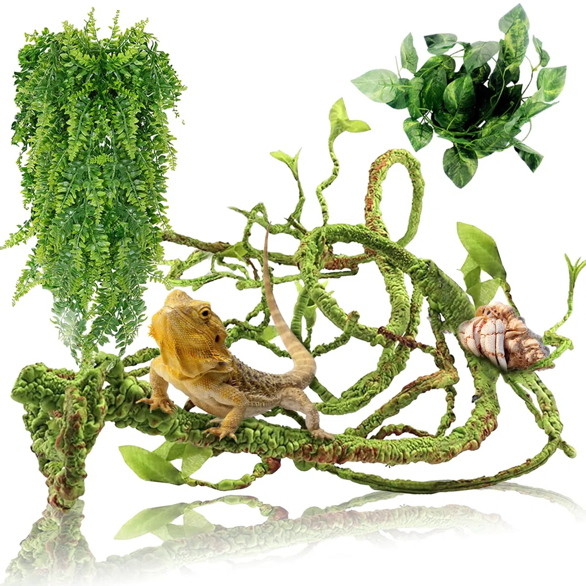 Hamiledyi Plantas de reptiles flexibles para trepar en la selva, rama de terrario, hojas de plástico flexible, decoración de hábitat para mascotas, dragón barbudo, lagarto, rana, serpiente, accesorios