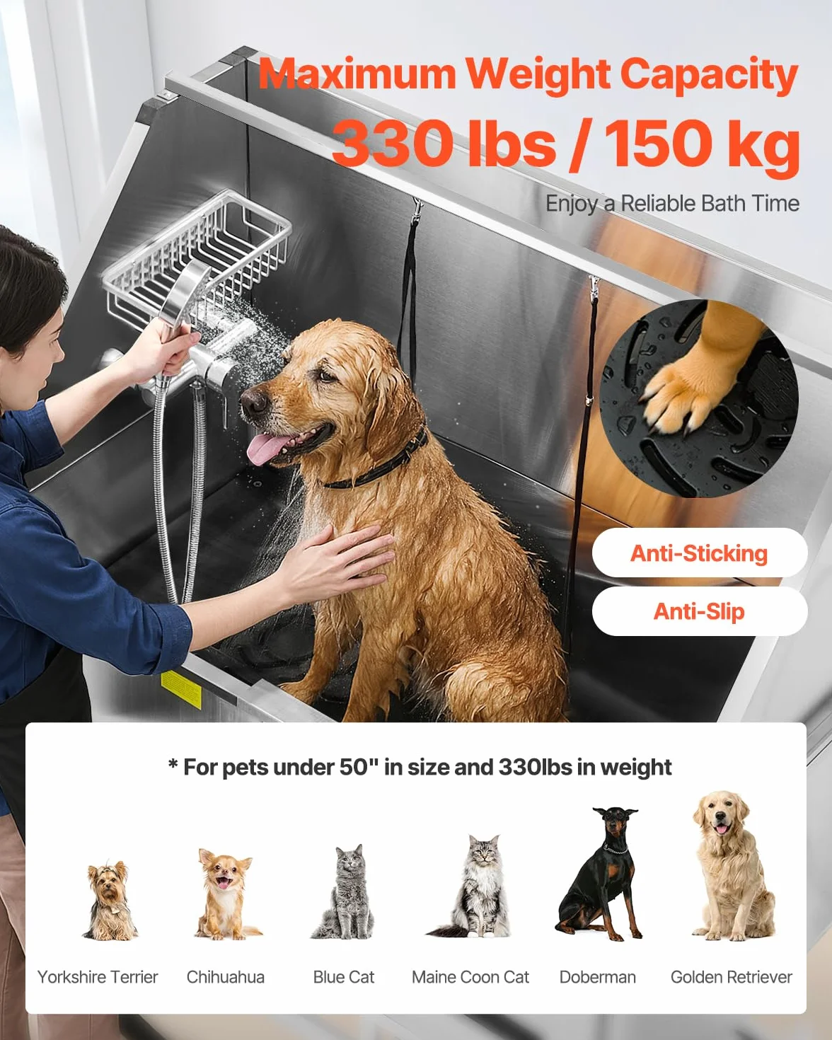 VEVOR Estación de Lavado de Perros con Elevación Eléctrica, Bañera de Acero Inoxidable 127cm con Filtro de Agua de Polietileno, Grifo y Cabezal de Ducha, Fregadero para Mascotas, Puerta Izquierda