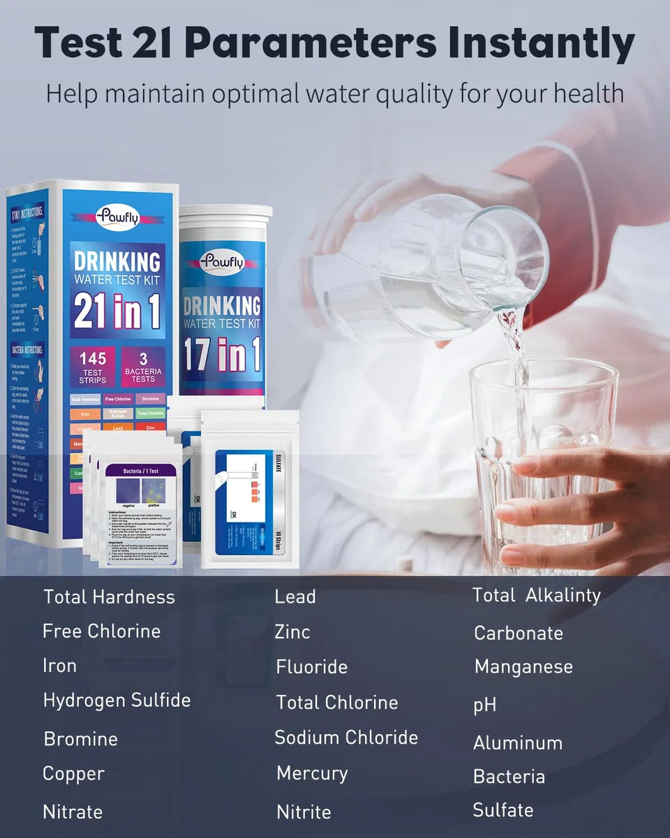 Pawfly 21 en 1 Kit de Prueba de Agua Potable, 125 Tiras para el Agua del Grifo Piscina Acuario, hogar Tiras de Prueba de Calidad del Agua para pH dureza Cloro Plomo Hierro Cobre nitrato fluoruro