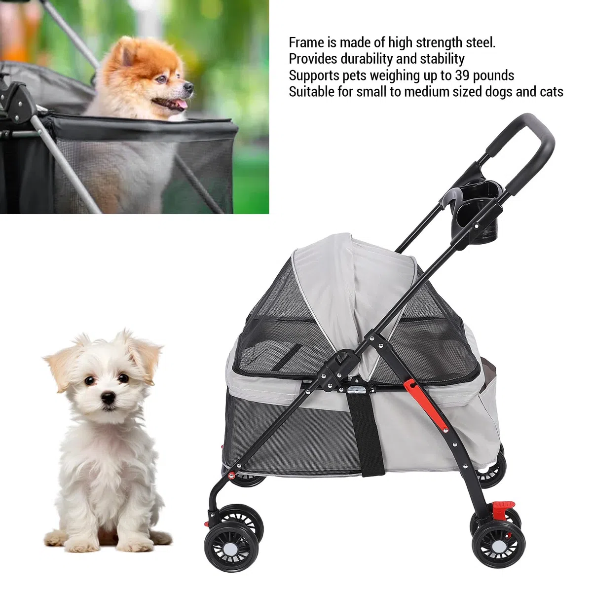 Carrito para Perro Plegable Transpirable con Cesta de Almacenamiento, Portavasos, Ideal Mascotas Medianas y Pequeñas (Mismo Diseño)