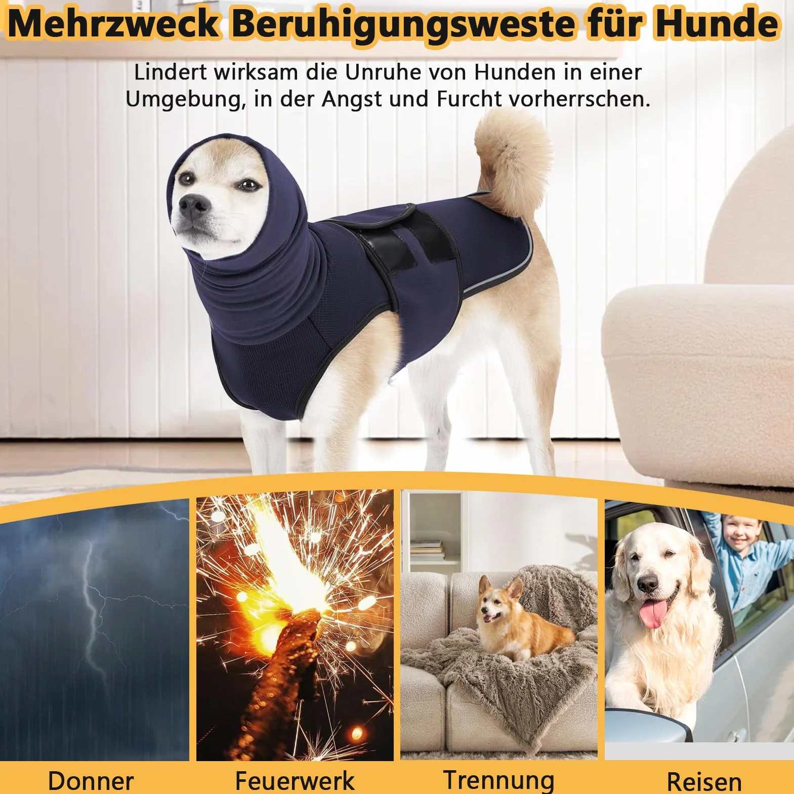 Chaleco calmante para perros, abrigo para perros con capucha calmante, abrigo para perros con protector de oídos calmante tiras reflectantes, plumas calmantes para perros para aliviar la ansiedad