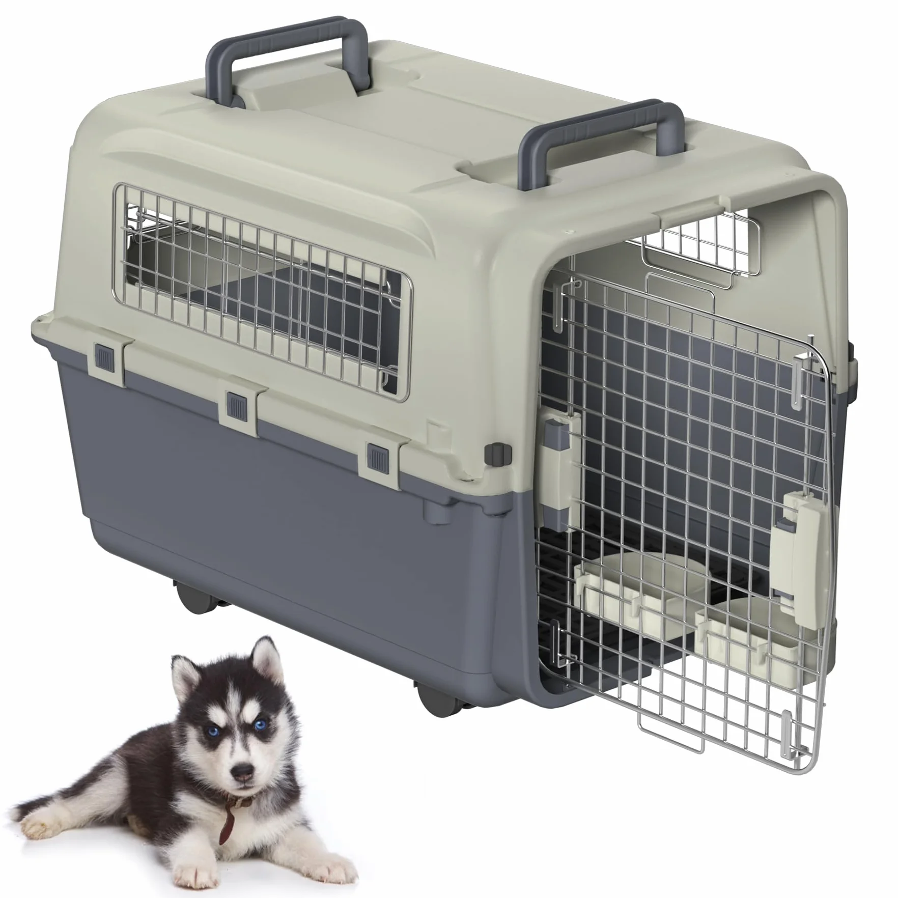 Froadp Transportbox para mascotas, perro, gato, caja de plástico PP, 67 x 51 x 58,5 cm, caja de transporte para gatos, caja de transporte para perros con ruedas, espaciador de orina y cuencos