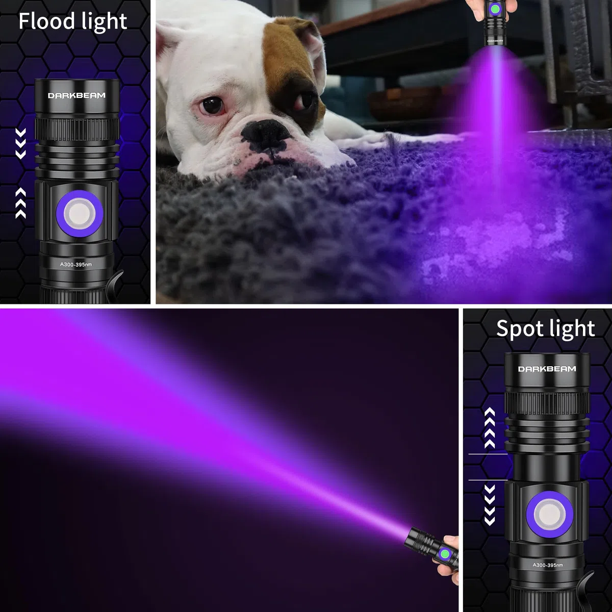 DARKBEAM Linterna UV Recargable 395nm, Mini Linterna Luz Negra Ultravioleta Potente LED, Lámpara de Madera Portátil, Detector de Orina para Mascotas, Curado de Resina, Minerales, con gafas UV