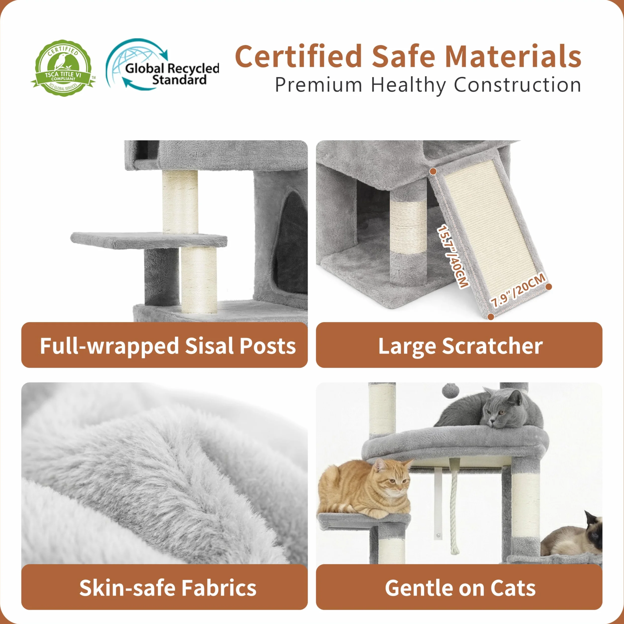 Heybly Rascador para Gatos XXL, 188 cm Árbol Rascador para Gatos Grandes, Torre de Múltiples Pisos, 3 Cuevas Escalonadas, Amplias Perchas Descanso, Postes y Tablas de Sisal, Gris Claro HCT061W