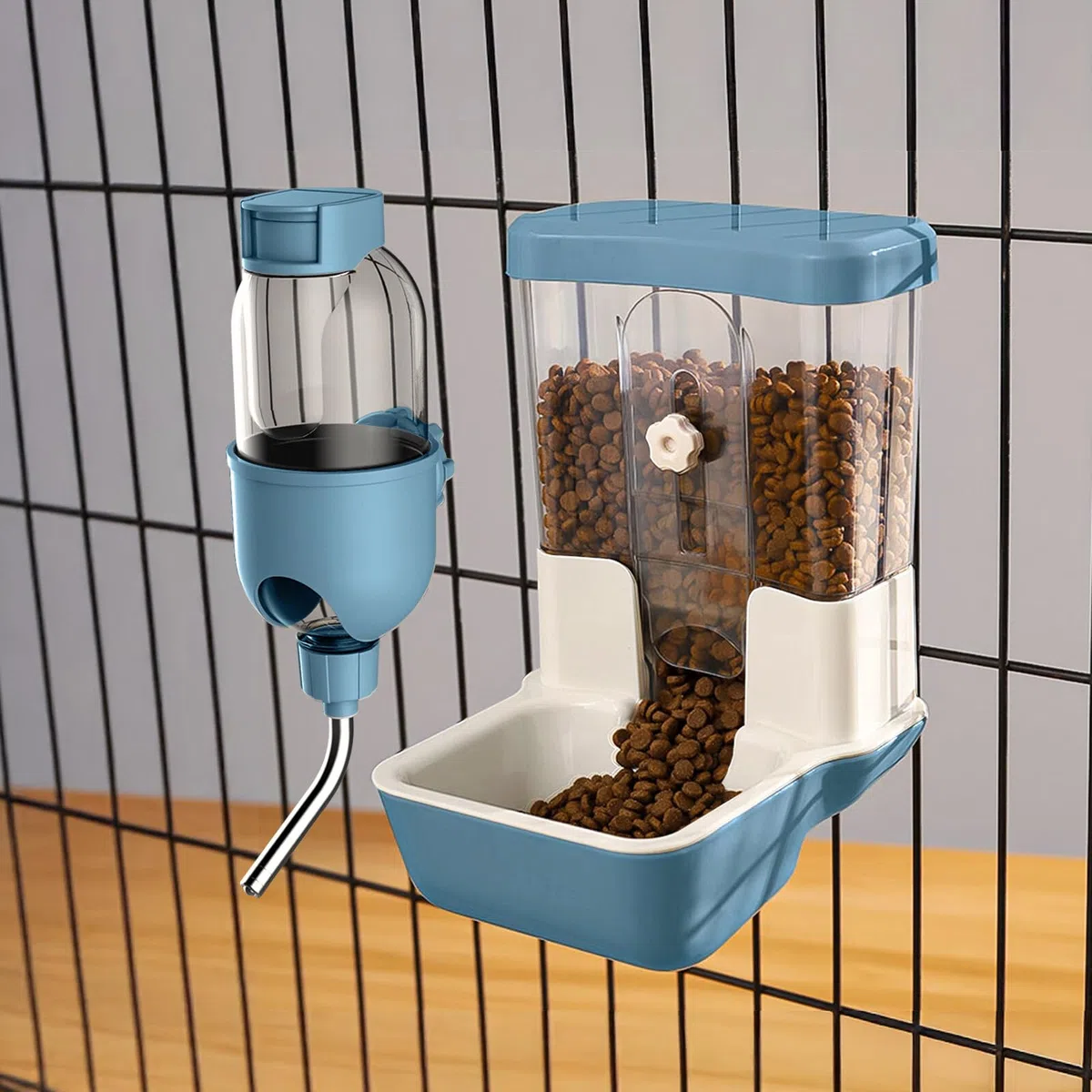 Dispensador Automático de Comida y Agua para Mascotas, Juego de Bebedero de Gravedad para Jaulas de Perros, Gatos, Conejos, Cobayas, Chinchillas, Hurones, Erizos (Azul)
