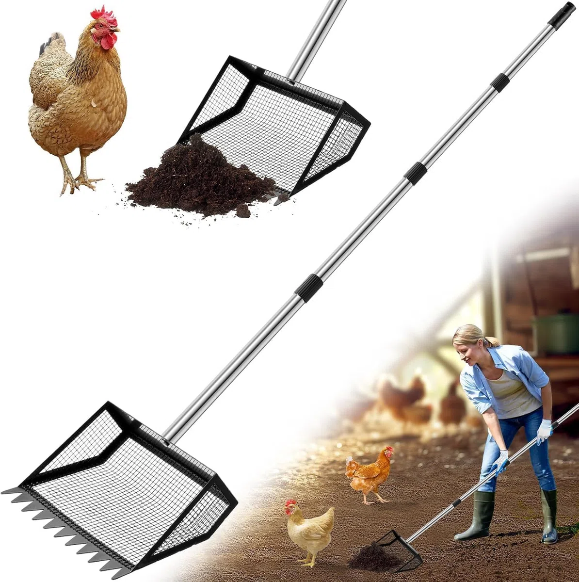 Pala de Metal para Gallinero Ajustable 4 in1 91-157cm Pala para Gallinas para la Limpieza, Herramientas de Limpieza para Gallineros