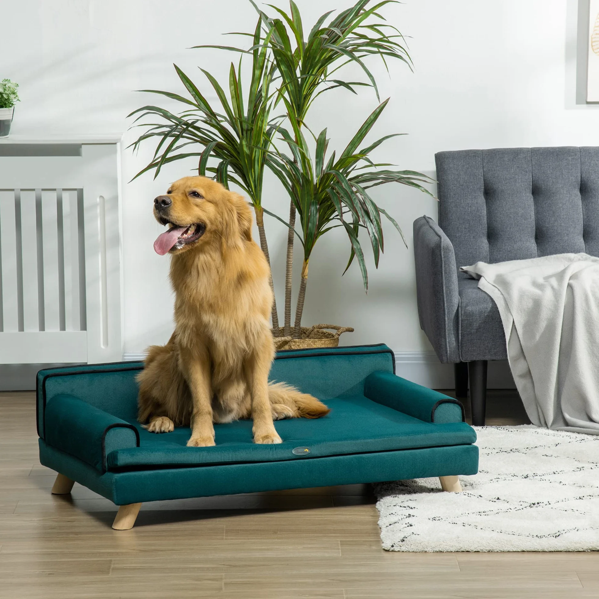 PawHut - Sofá para Perro o Gato, diseño escandinavo, cojín Mullido, extraíble, Patas de Madera Maciza, 100 x 62 x 32 cm, Color Azul