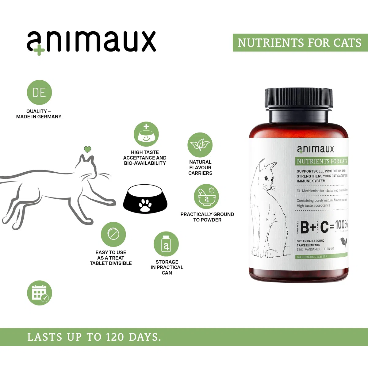 animaux Nutrients for Cats – 120 Comprimidos Casticables – Vitaminas para Gatos, Apoyo para el metabolismo, Sistema inmunológico, Piel y Pelaje, con Complejo de Vitamina B, Omega 3, Zinc y más