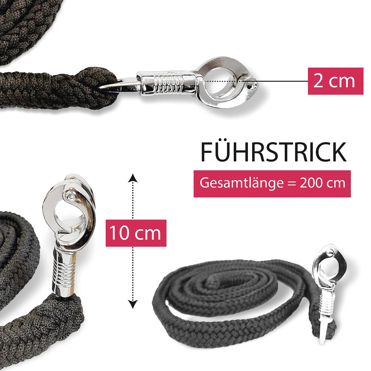 Cuerda para caballos con gancho de pánico estable, longitud 2 m, muchos colores (negro y negro)