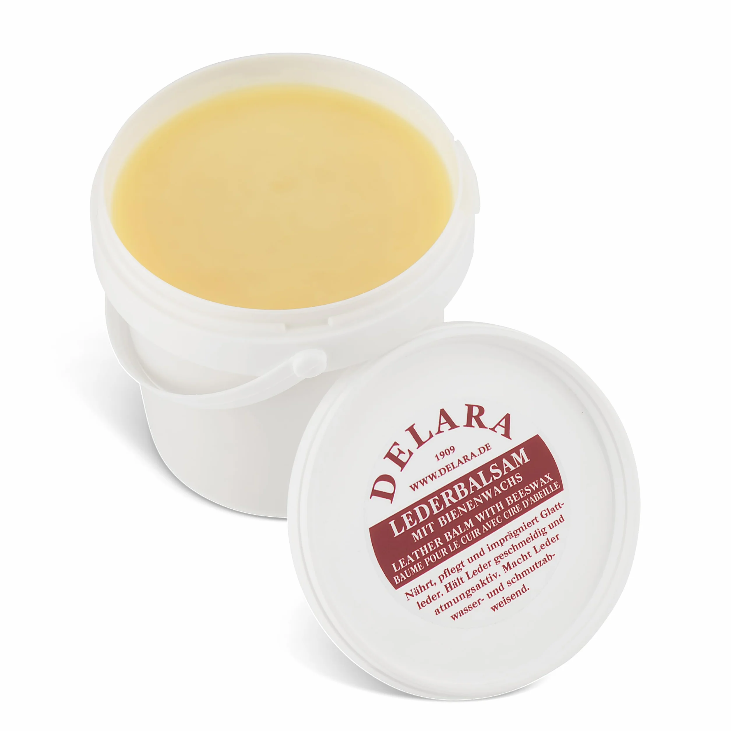 DELARA Bálsamo de cuero transparente, con cera de abeja de alta calidad, hace que el cuero sea flexible y resistente al agua, 500 ml en cubo, fabricado en Alemania