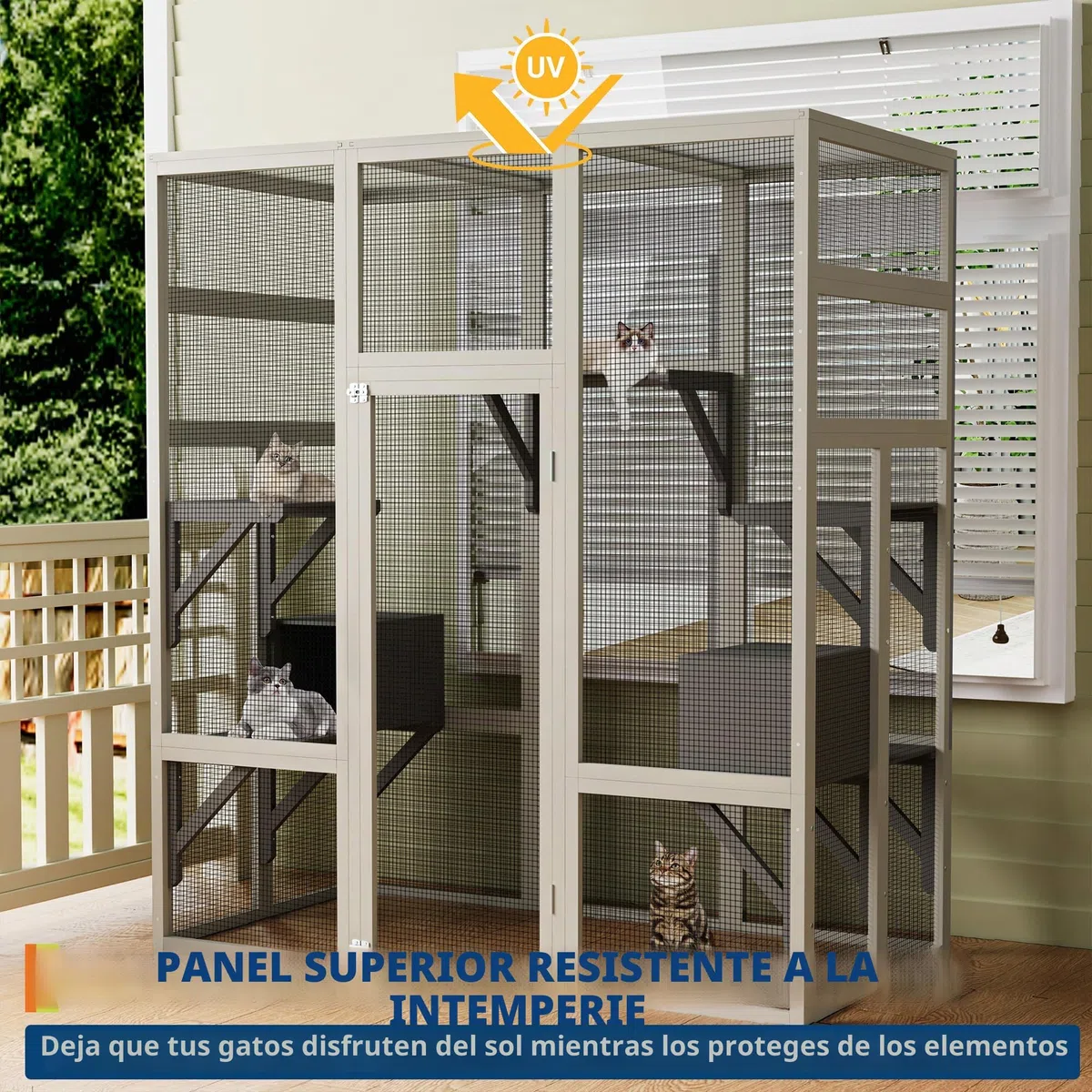 Catio Outdoor - Recinto para gatos grande con techo impermeable, 5 plataformas y 2 cajas de descanso, jaula para gatos al aire libre, ofrece espacio para hasta 6 gatos, casas pequeñas para jardín