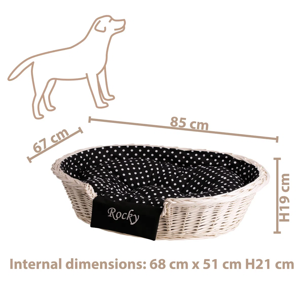 Cesta para perros, cesta para gatos, cojín para perros, cesta de mimbre (85 cm, color blanco, con bordado)