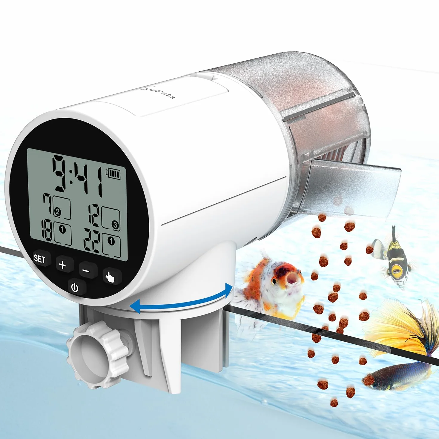 JuzPetz - Comedero automático de Peces | Pantalla Digital y ajustes programables | Comedero automático para acuarios | Accesorios para acuarios |Blanco