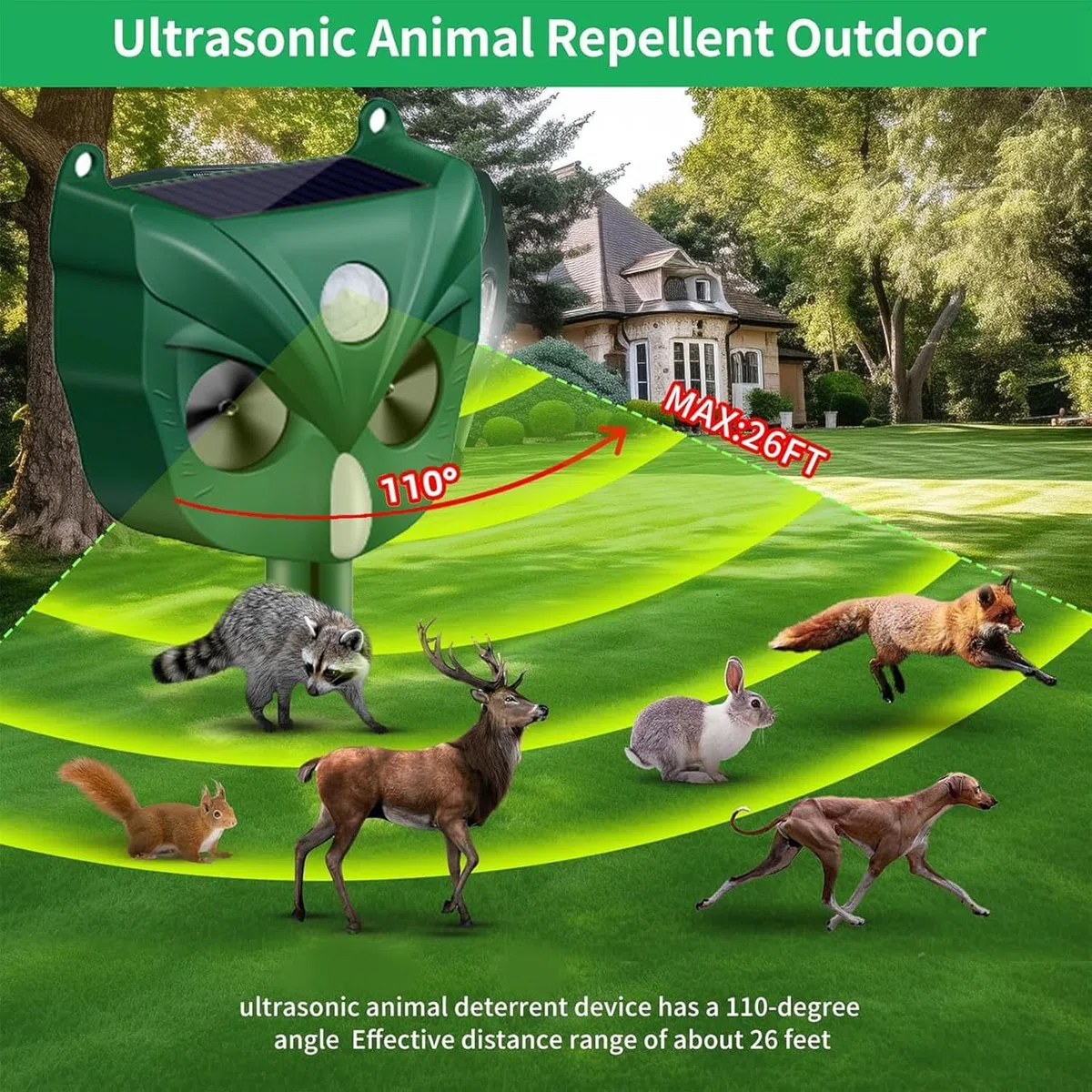 Repelente de gatos, repelente ultrasónico de animales, 5 modos, solar y recargable, disuasorio de animales para ciervos, perros, conejos, zorrillos, pájaros, para jardín al aire libre (RC546)