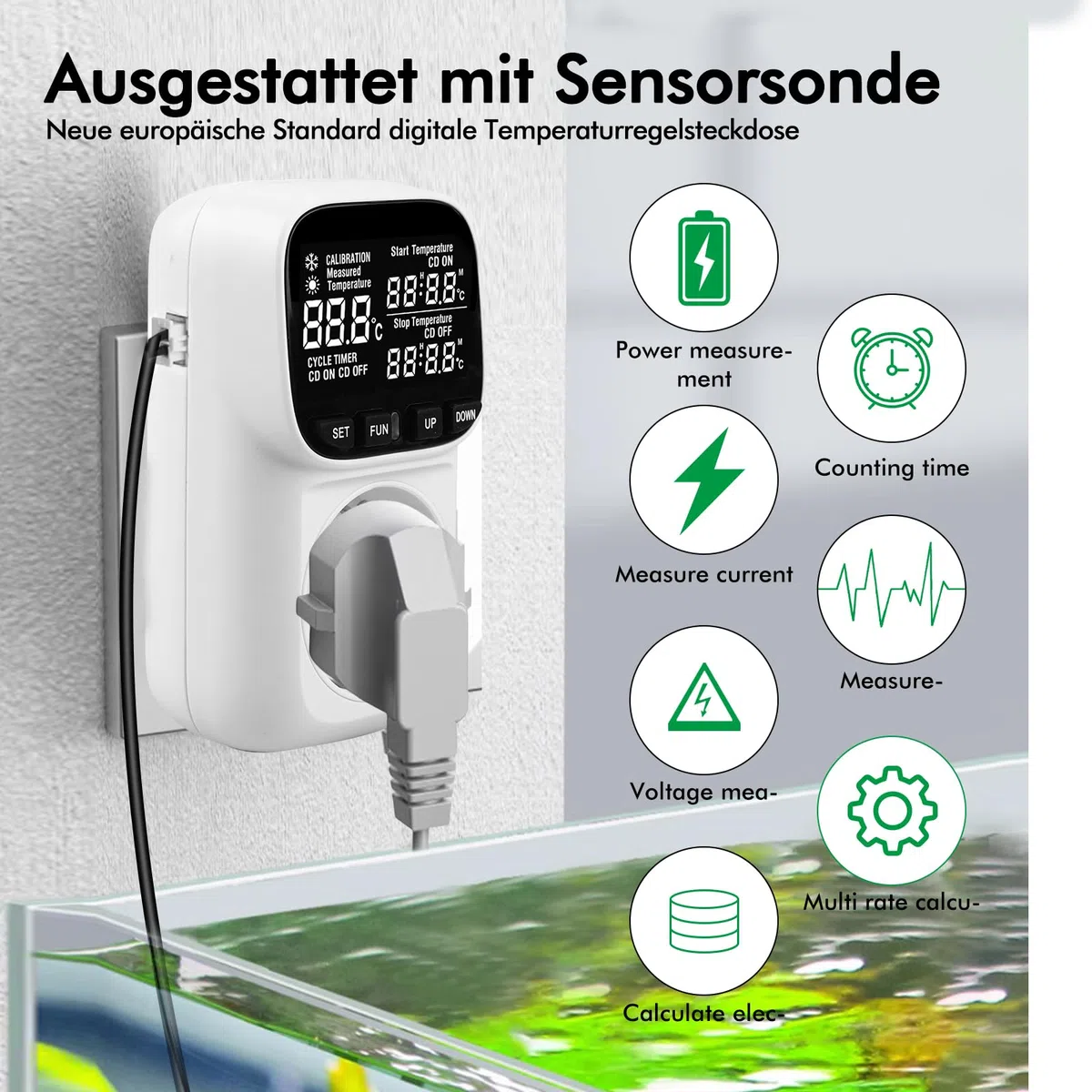 Regulador de temperatura digital 230 V con sensor, calefacción, refrigeración, termostato, toma de corriente, interruptor de temperatura con temporizador, alarma para invernadero, acuario, terrario,