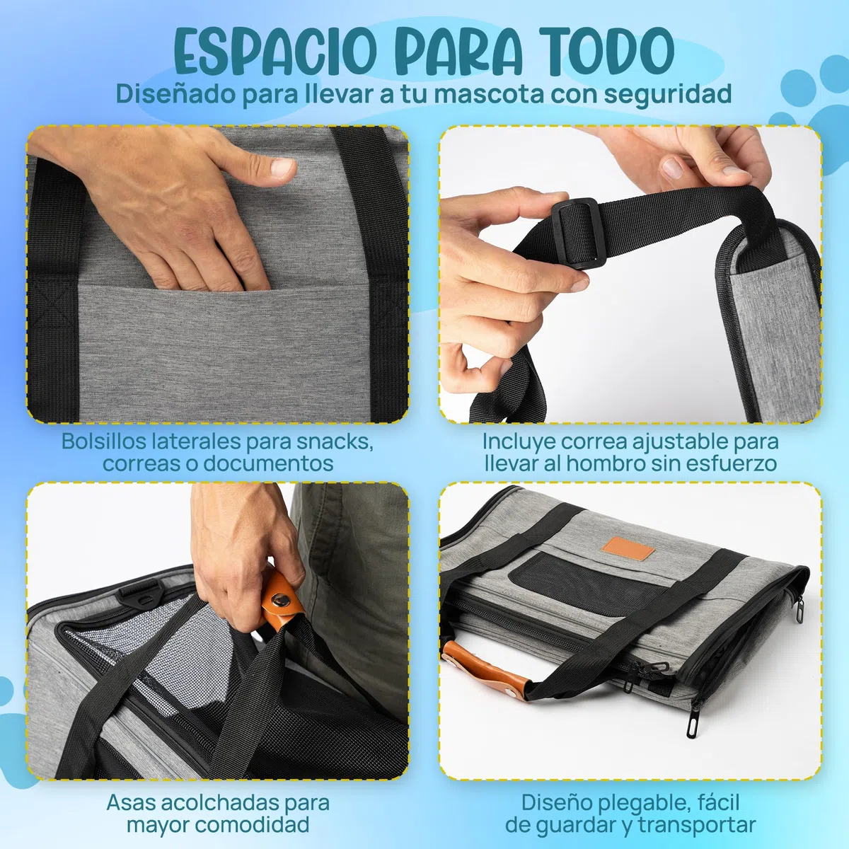 Transportin Gato y Perro - Transportin Perro pequeño y Gato Que Incluye Bebedero Plegable, Manta, Correa para el Hombro y Base Acolchada - Plegable y homologado para el avión.
