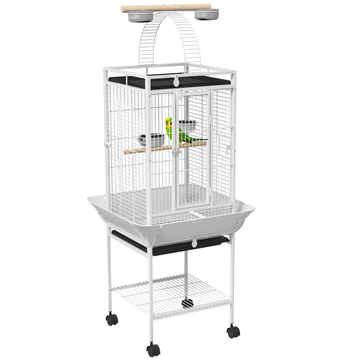 PawHut Jaula para Pájaros Jaula para Loros con Ruedas Perchas Comederos Estante Puente Arqueado y Bandejas Extraíbles Pajarera para Cacatúa NINFA Cacatúas Cotorras 62,5x62,5x156 cm Blanco