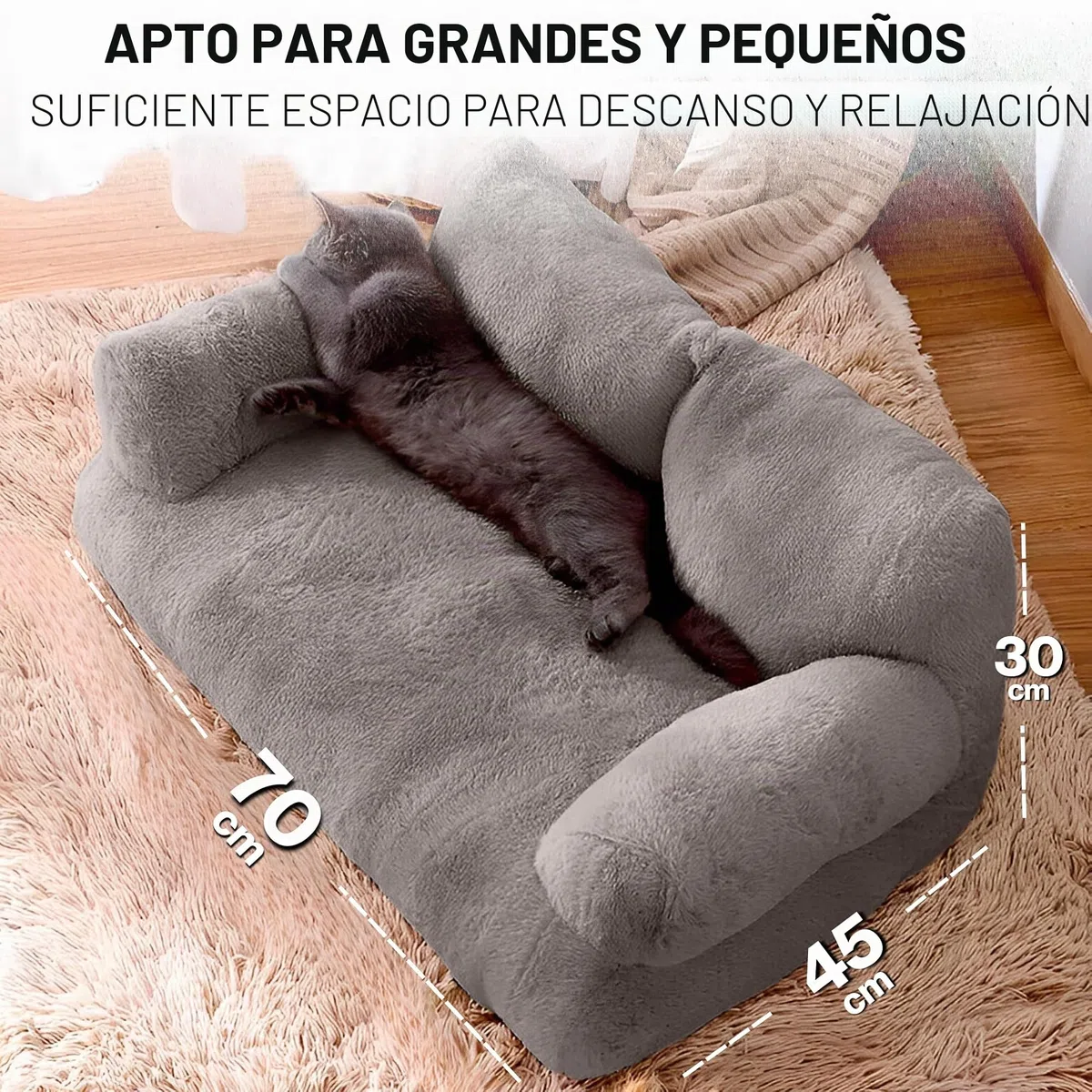 Simba - Sofá para gatos y perros en gris, incluye minicojín, 70 x 48 cm, cama para gatos, perros pequeños, mullida, suficientemente forrada, funda extraíble