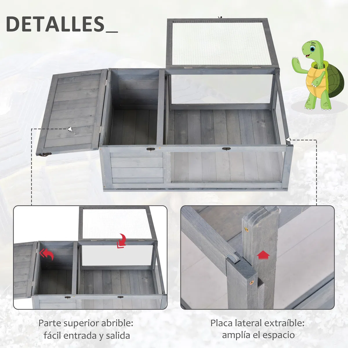PawHut Casa para Tortugas de Madera, Terrario para Reptiles con Techo de Malla, Paneles Laterales Transparentes Extraíbles y Pestillo de Seguridad, Caseta para Tortugas, 91x60,5x32 cm, Gris