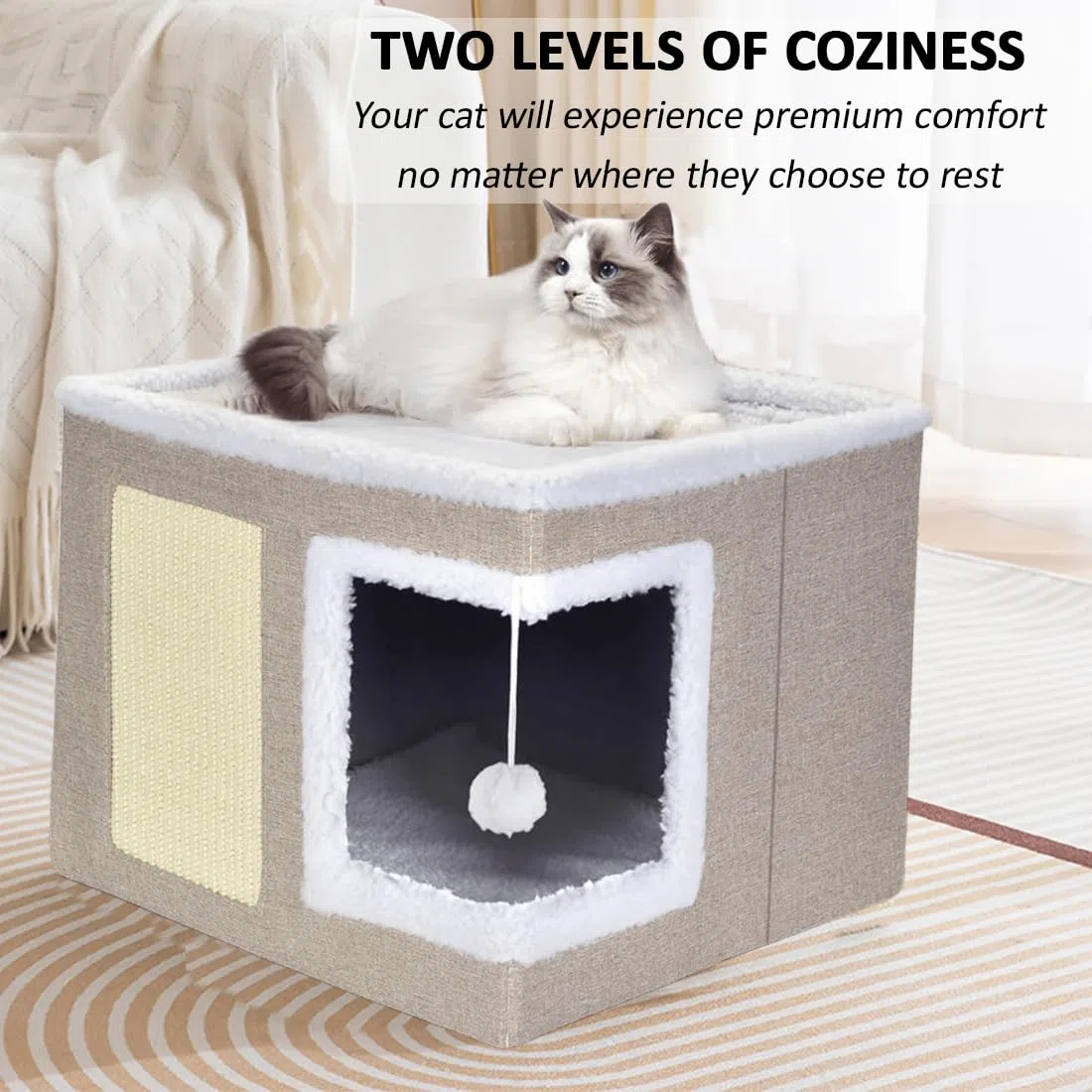 ERNAN Casa para Gatos Interior Plegable con Rascador, Cama para Diversos Estilos de Decoración del Hogar, para Pequeños Animales Interiores (Beige)
