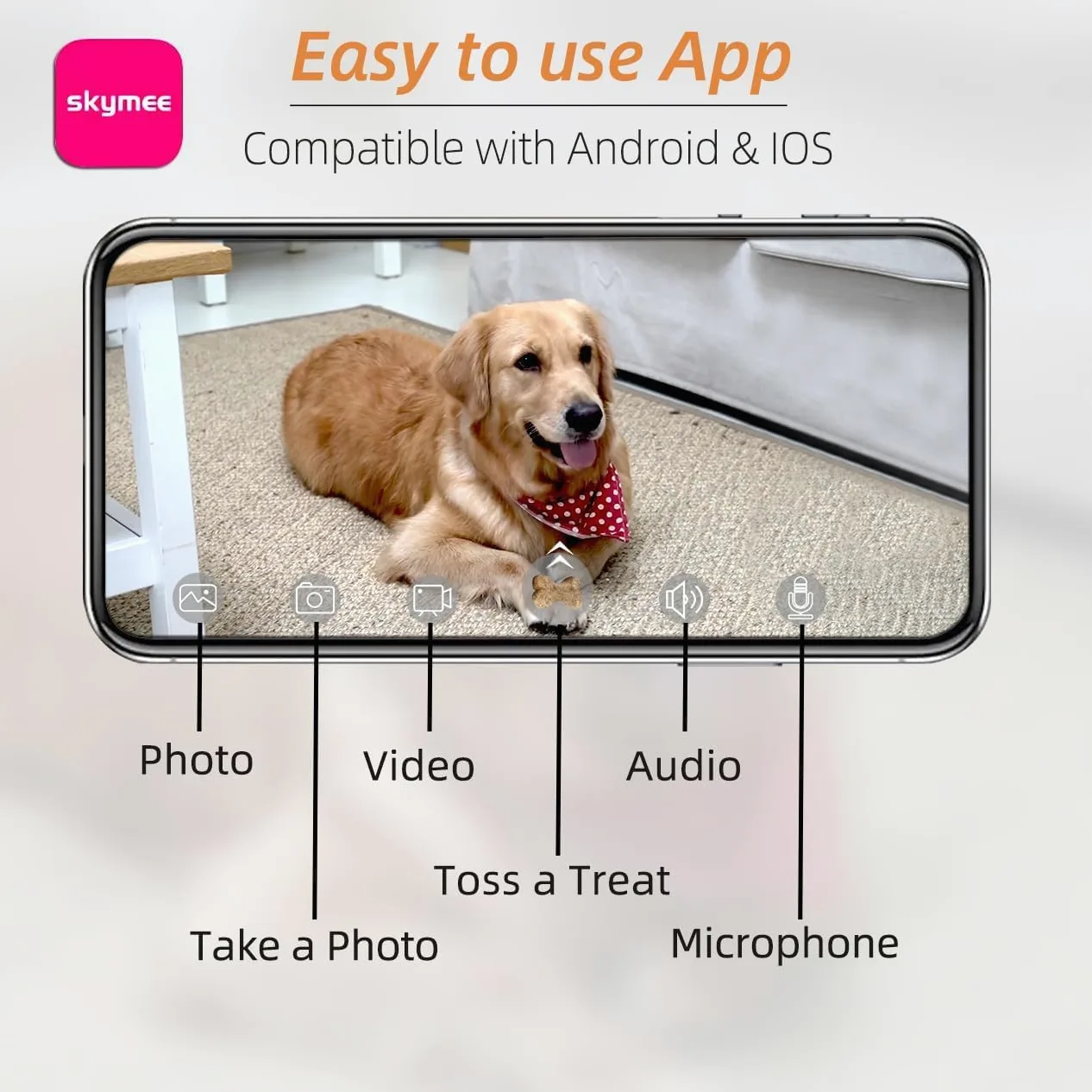 SKYMEE Dispensador de premios para cámara de Perro, WiFi Full HD cámara para Mascotas con Audio bidireccional y visión Nocturna, Compatible con Alexa