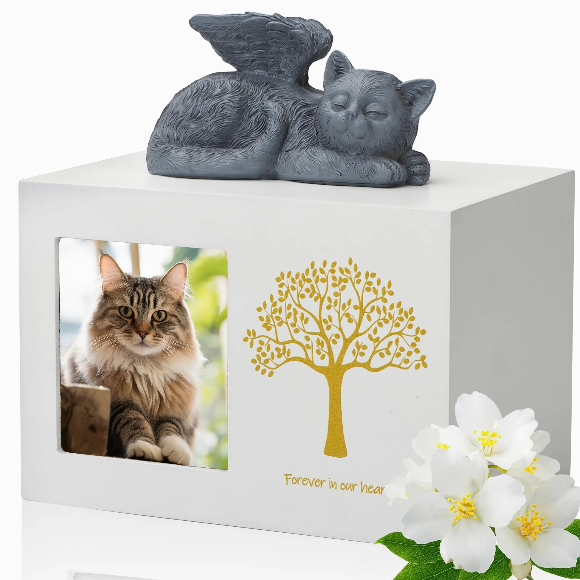 Cajas de cremación para mascotas, urna blanca de madera para restos, incluye estatua de ángel de gato de resina y bolsa