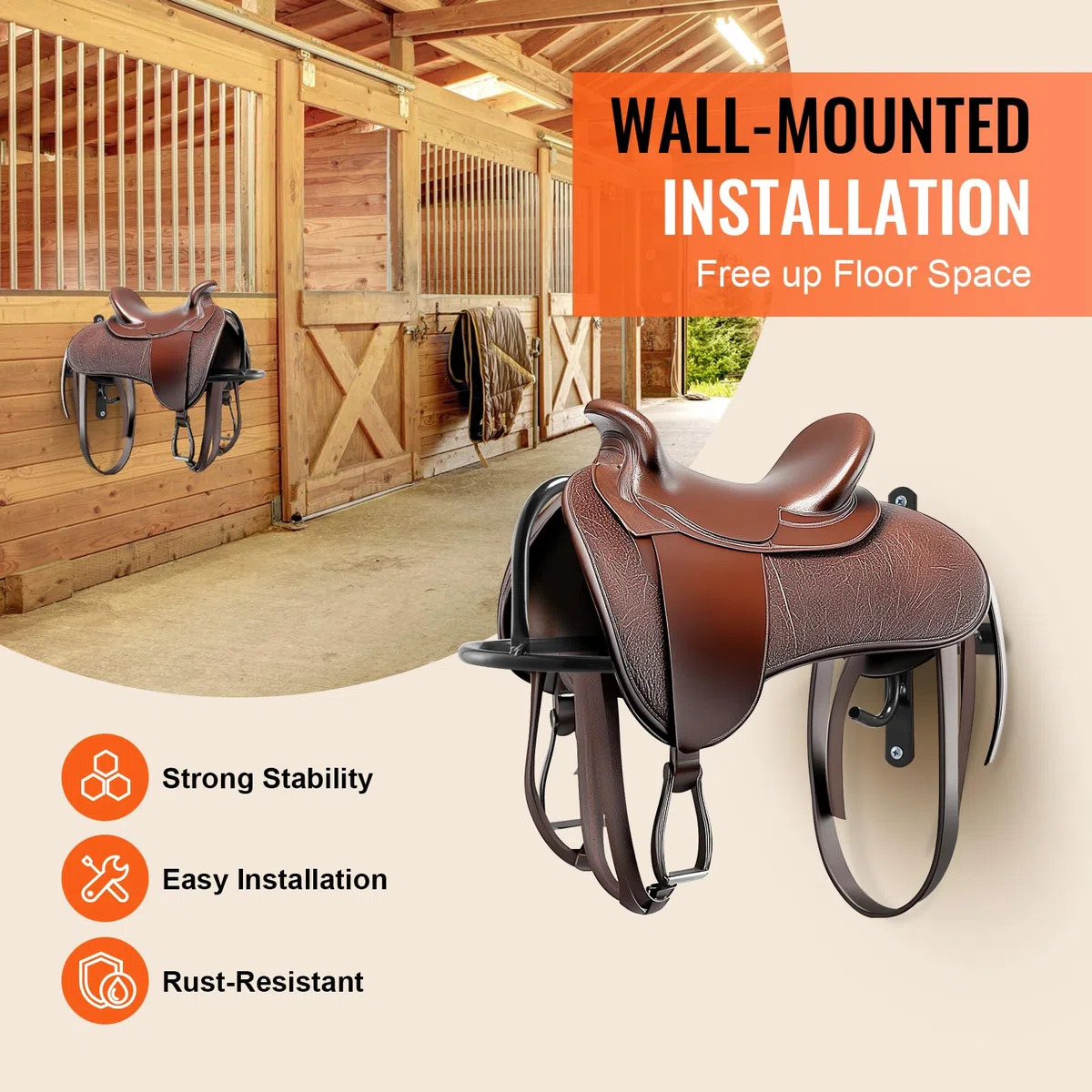 VEVOR 8 PCS Soporte de Pared para Sillín de Caballo 580x223x270mm, Soporte para Sillín de Caballo con Barra de Almohadilla, Soporte Portátil para Sillín Inglés y Occidental para Jardín Ecuestre, Negro