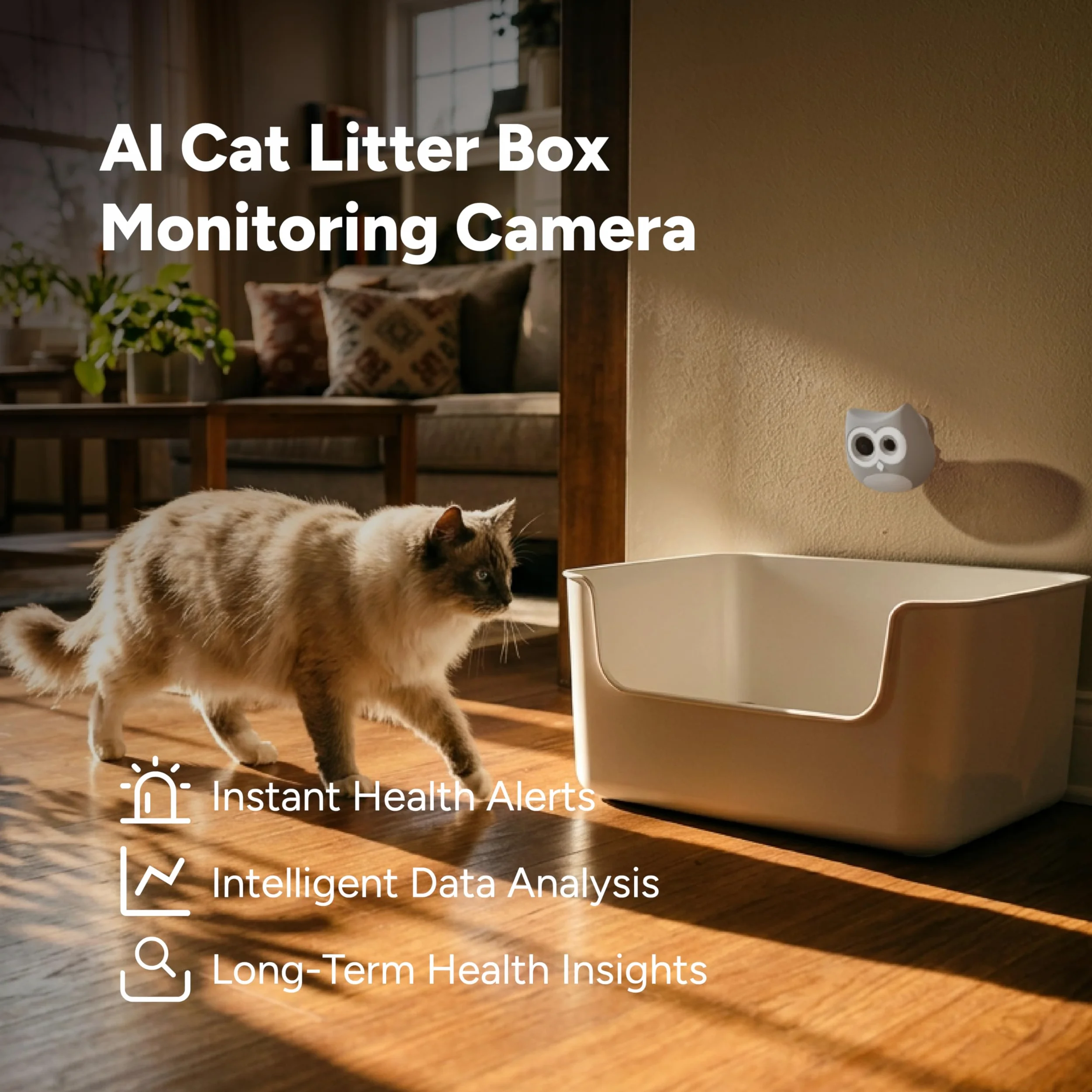 Cámara para gatos con IA - Monitoreo de caja de arena, cámara para mascotas con aplicación de teléfono para interiores, seguimiento de la salud de varios gatos, alertas tempranas de infección