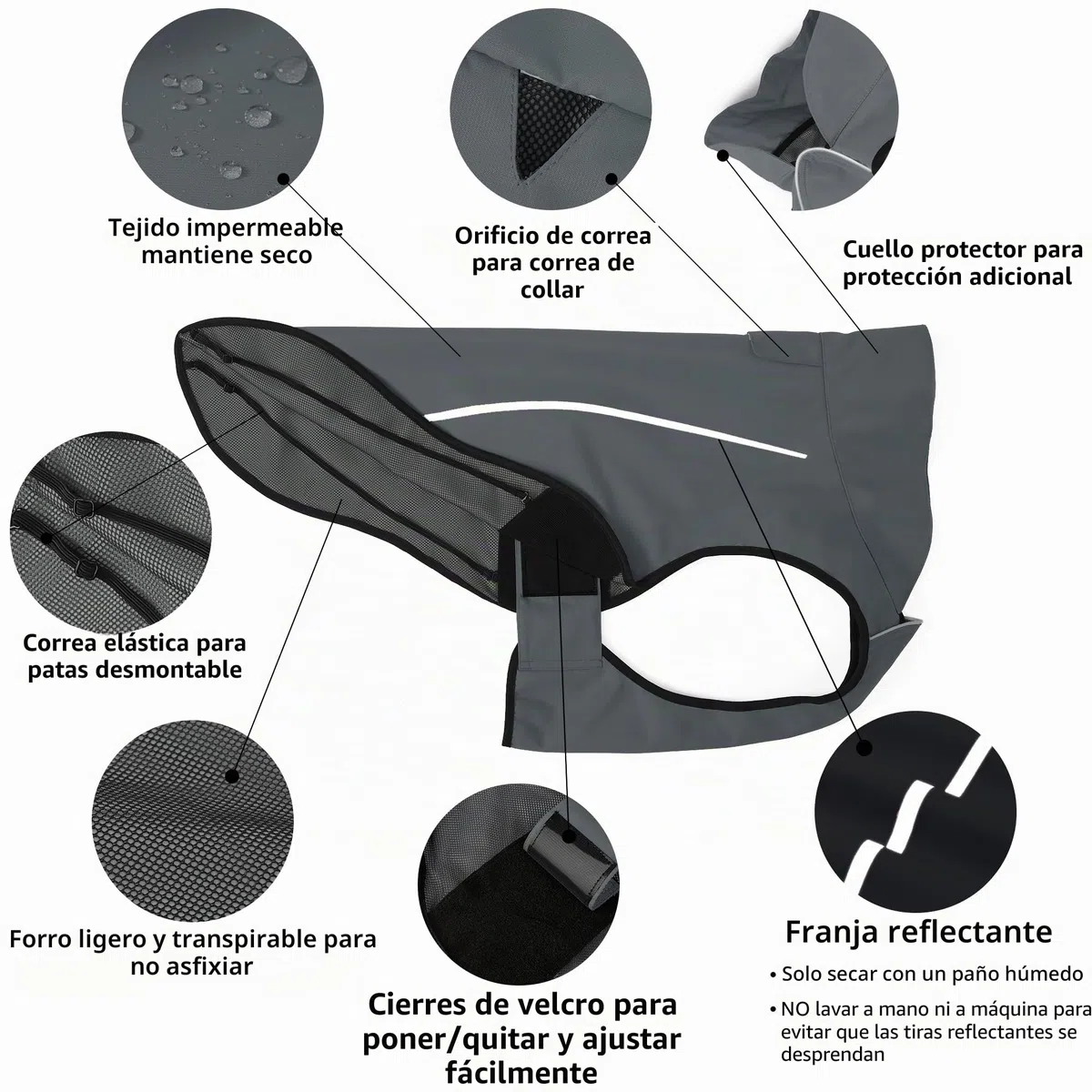Milla de Vida Alta | Chubasquero para Perros | Ropa para Mascotas Ajustable e Impermeable | Chaqueta Impermeable Ligera con Raya Reflectante | Fácil de Poner (Gris Oscuro, S)