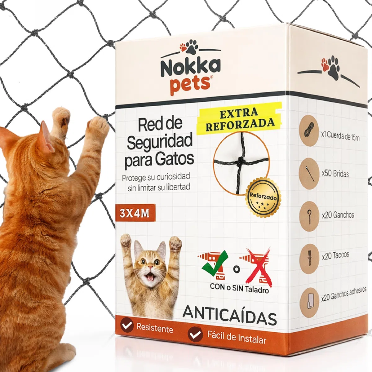 Red Gatos Terraza 4x3m - Reforzada con Alambre – Kit de Instalación Incluido – Máxima Seguridad Anticaídas para Balcón, Terraza y Ventanas – Red para Gatos UV Resistente Gatos Curiosos