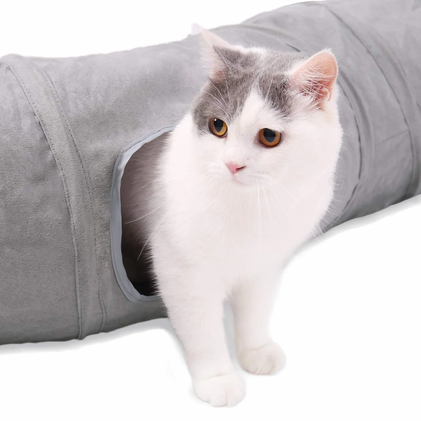 OHANA Juguete Plegable túnel de Gato en Gamuza, Gran túnel para Gato de Interior Conejos con 2 Agujeros y Bola suspendida - Forma S