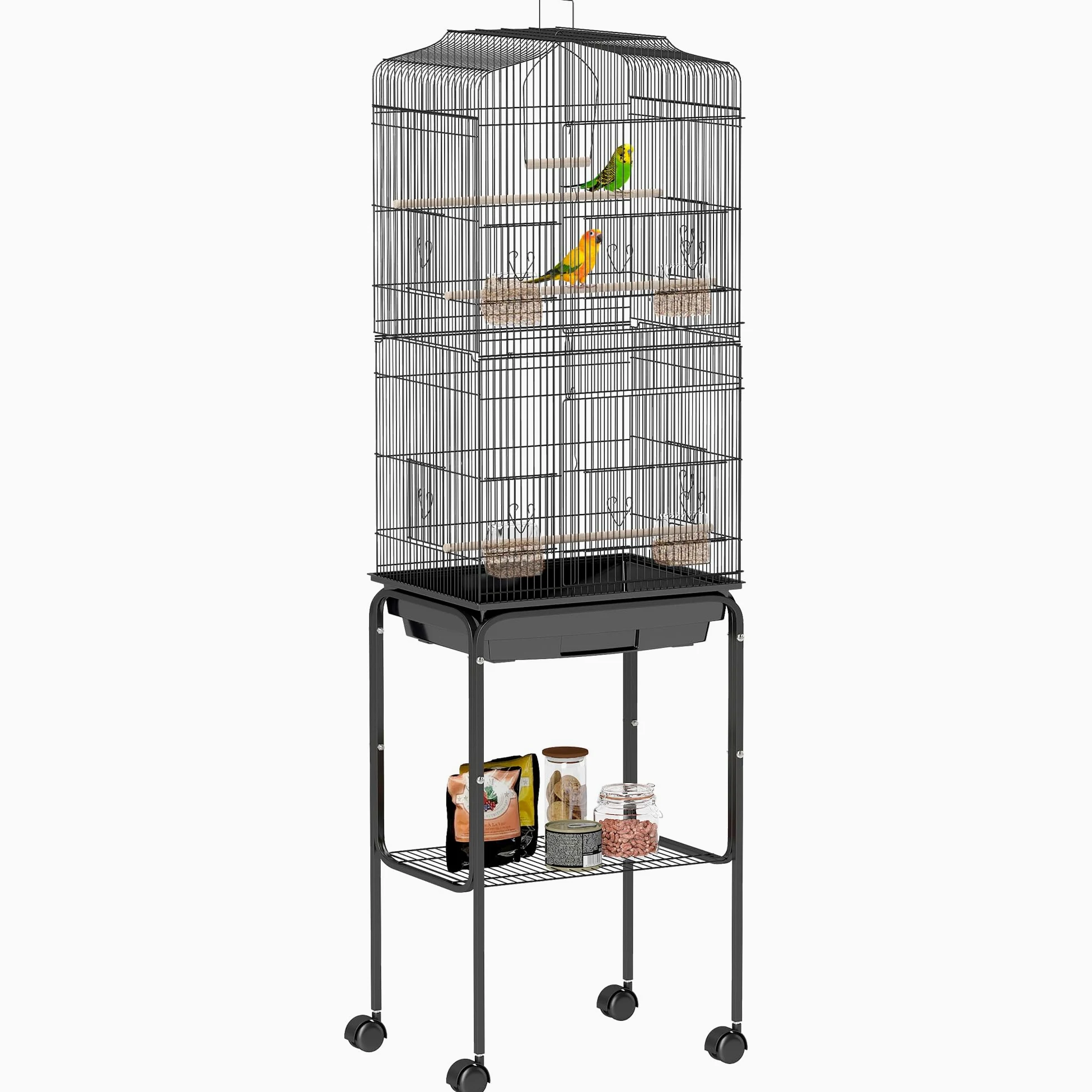 PawHut Jaula para Pájaros, Jaula Grande con Ruedas, Estante de Almacenaje, Puertas, 4 Comederos, 3 Perchas, Columpio, Bandeja Extraíble y Asa, para Loro, Canario, Periquito, 46,5x36x157 cm, Negro