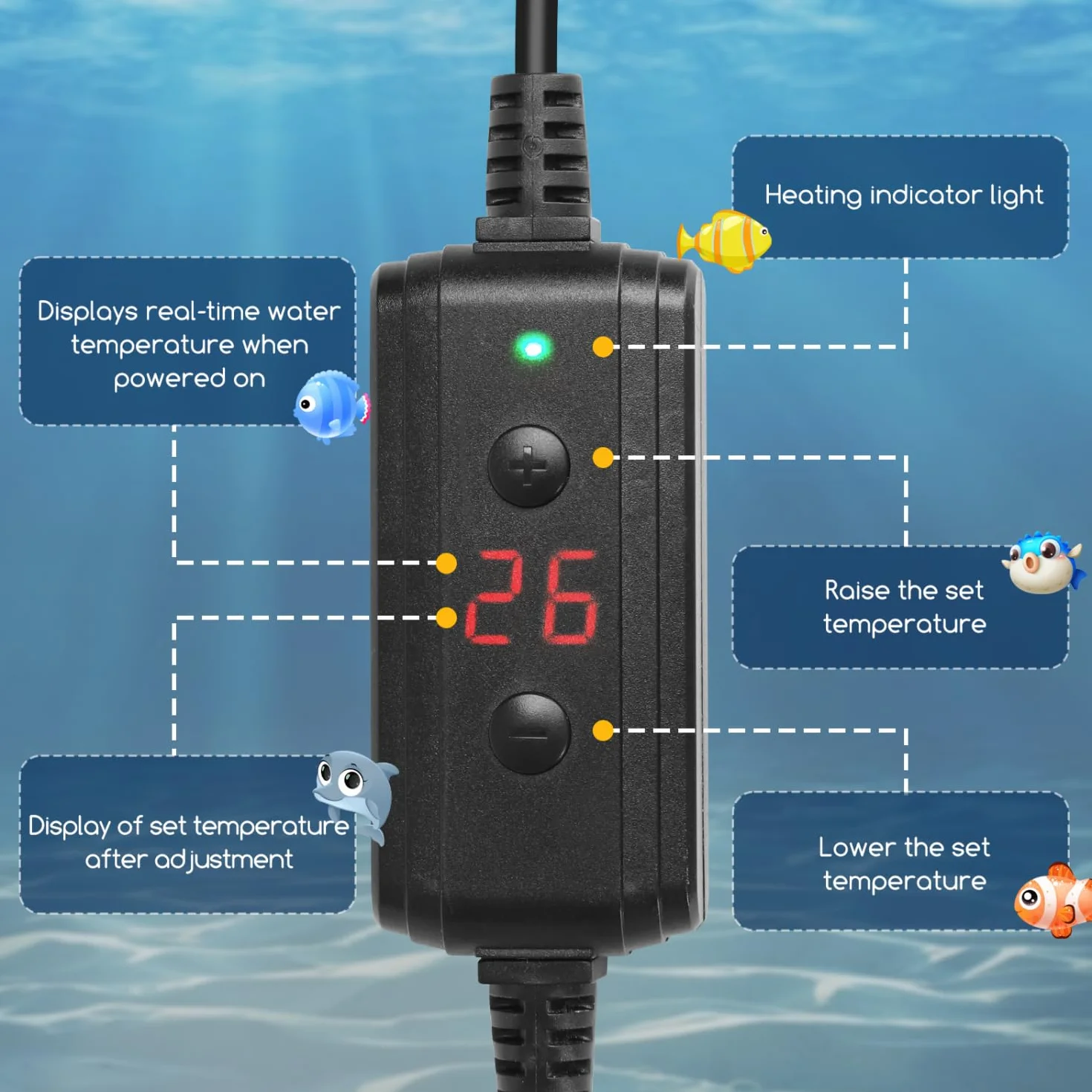 Nobleza 50W Calentador Digital 50W para Acuario Sumergible, Control Externo 15-35°C, Seguro para Peceras 10-50L