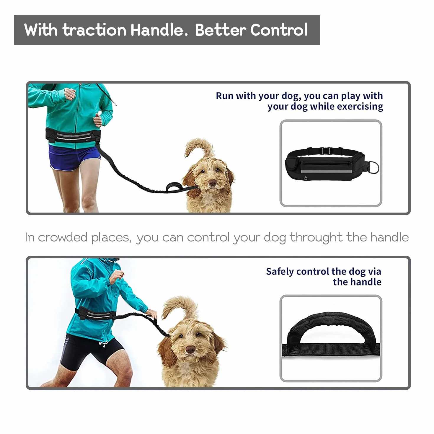 Edipets, Correa Perro Cintura, para Correr, Extensible, Manos Libres, Running, Antitirones, Elástica, Reflectante, 160-220 cm, Paseo, para teléfono móvil (Negro)