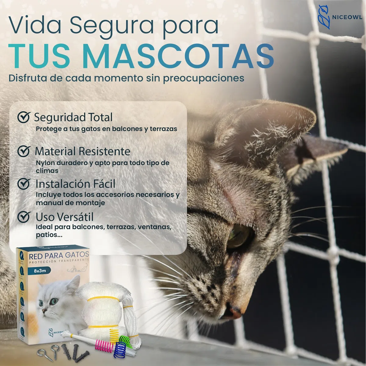 Red para Gatos Terraza 8x3m Transparente I Juguetes Gratis I Material Resistente a la Intemperie I Visibilidad Optima I Previene Caídas y Accidentes en Balcón, Terraza y Ventanas