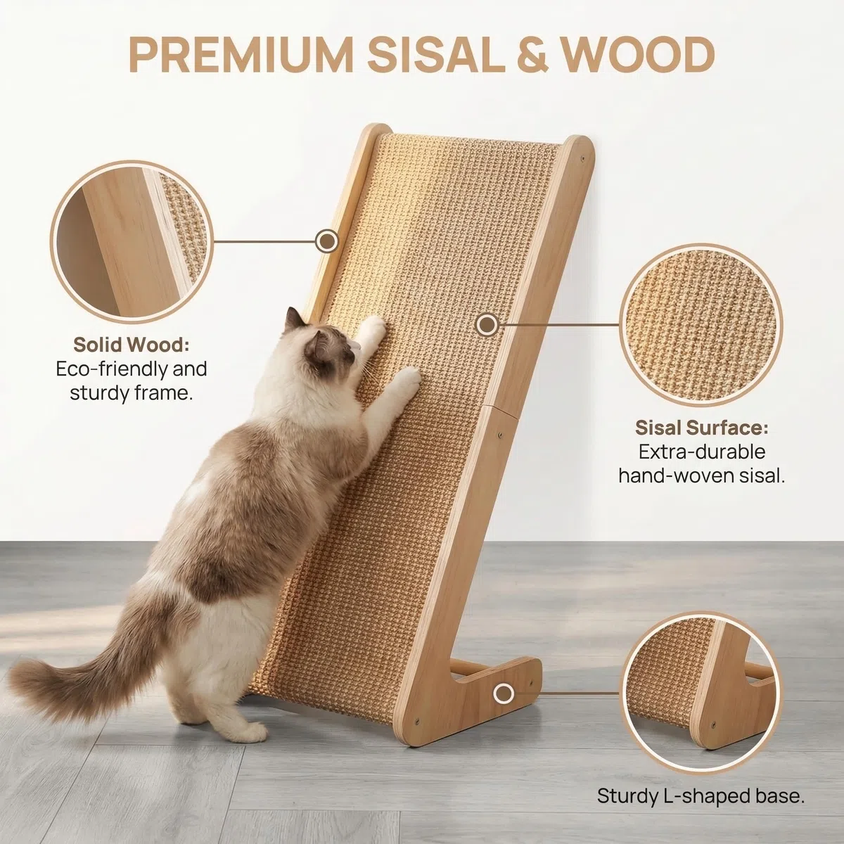 Rascador para Gatos, Rascador en Forma de L con Almohadilla de Sisal 69CM Columna Rascadora de Sisal Natural con Rampa con 1 Tapete de Sisal de Repuesto, Protector de Muebles de Pared